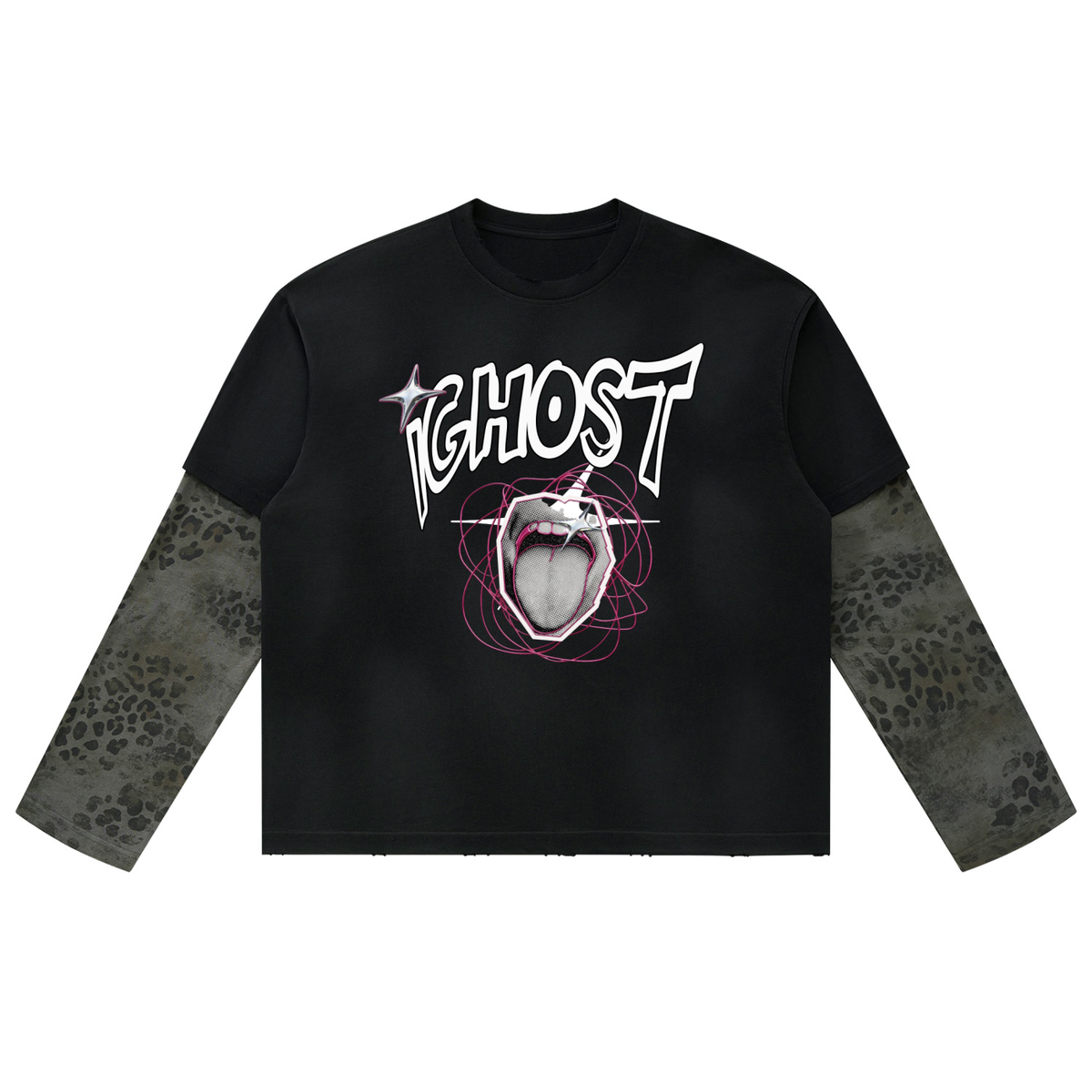 Unisex Vintage Wash Leopard Paneled Layer T-Shirt