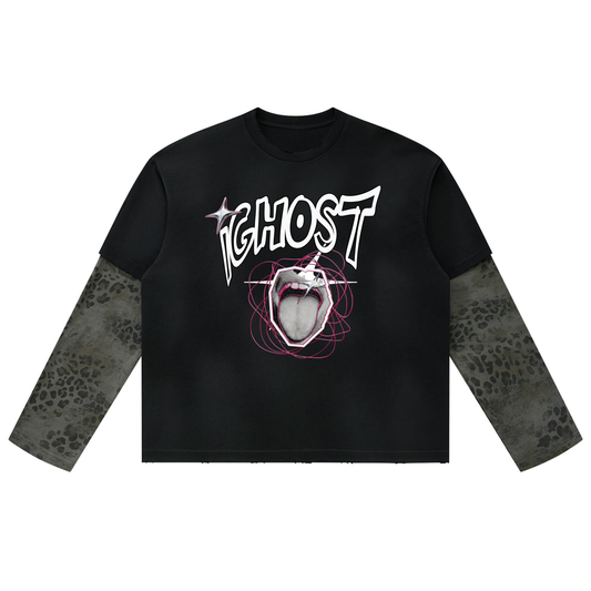 Unisex Vintage Wash Leopard Paneled Layer T-Shirt