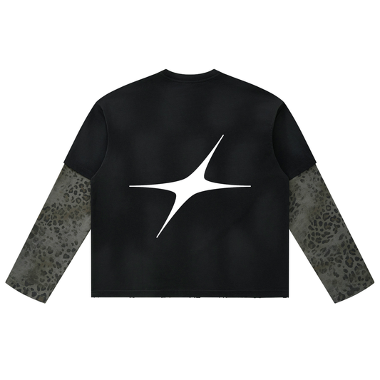 Unisex Vintage Wash Leopard Paneled Layer T-Shirt
